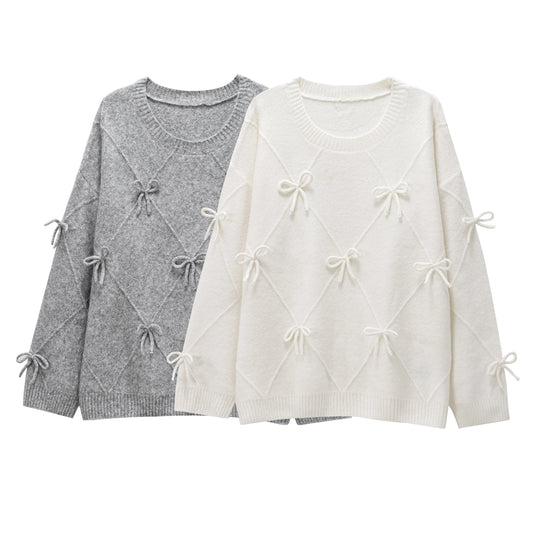 Bow Sweater Women Autumn Winter New Lazy Style Loose Outer Wear Design Anti-aging Knitted Pullover Top 1269568