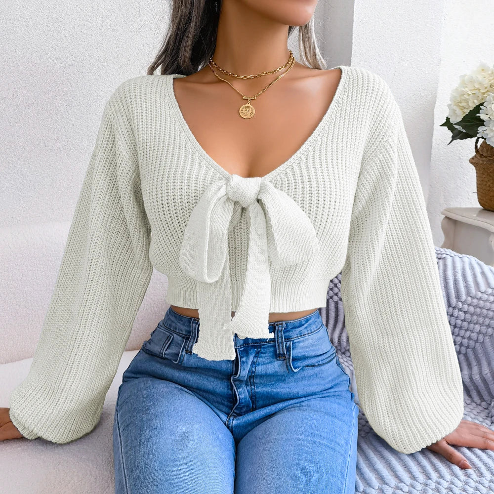 Women Sweater 2025 Autumn Casual Sexy Bow Long Sleeve Knitted Pullovers Crop Tops Blue Green White Red
