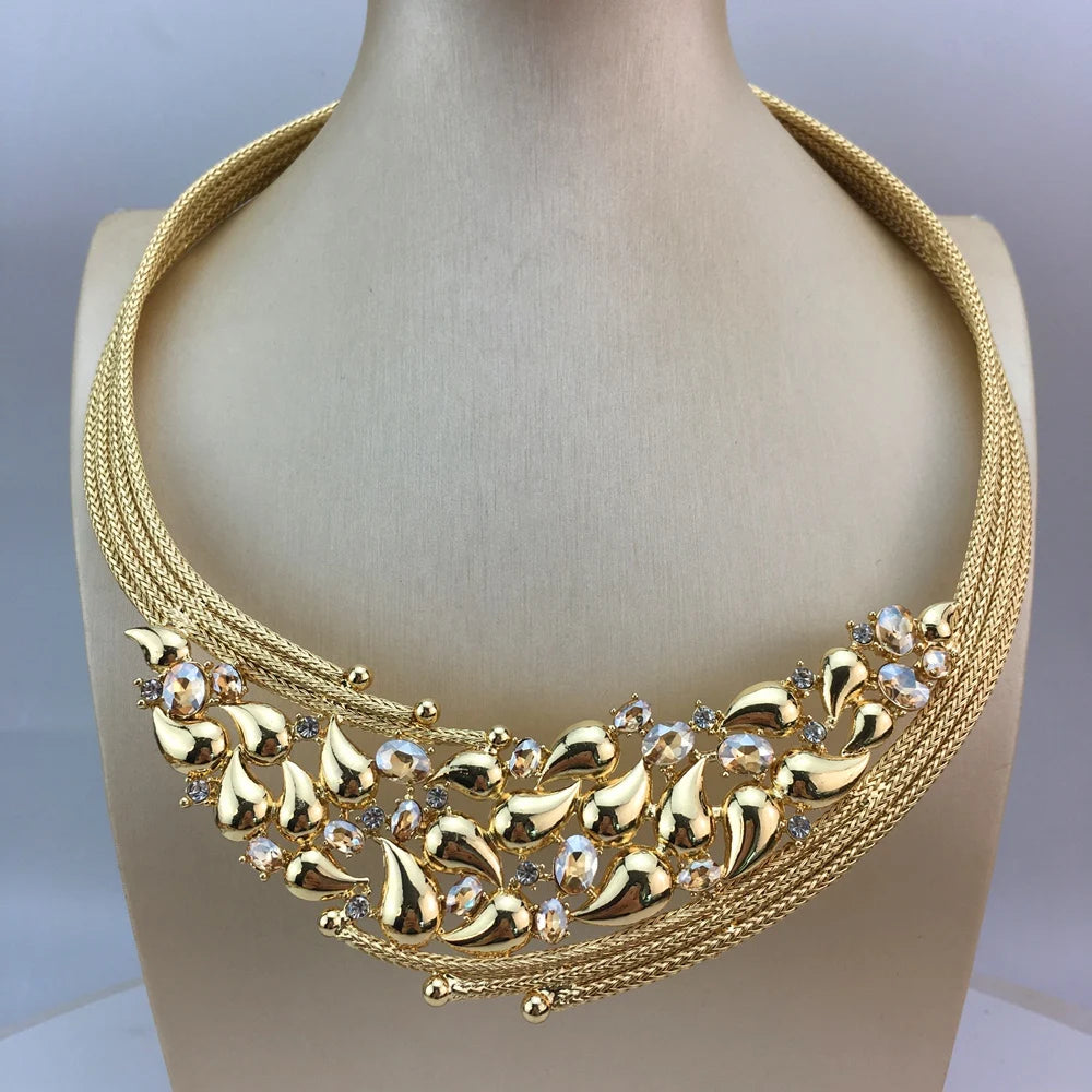 Luxury Design Gold Color Jewelry Set For Women Quality Trending Necklace Earrings Bracelet And Ring Wedding Party FHK19490