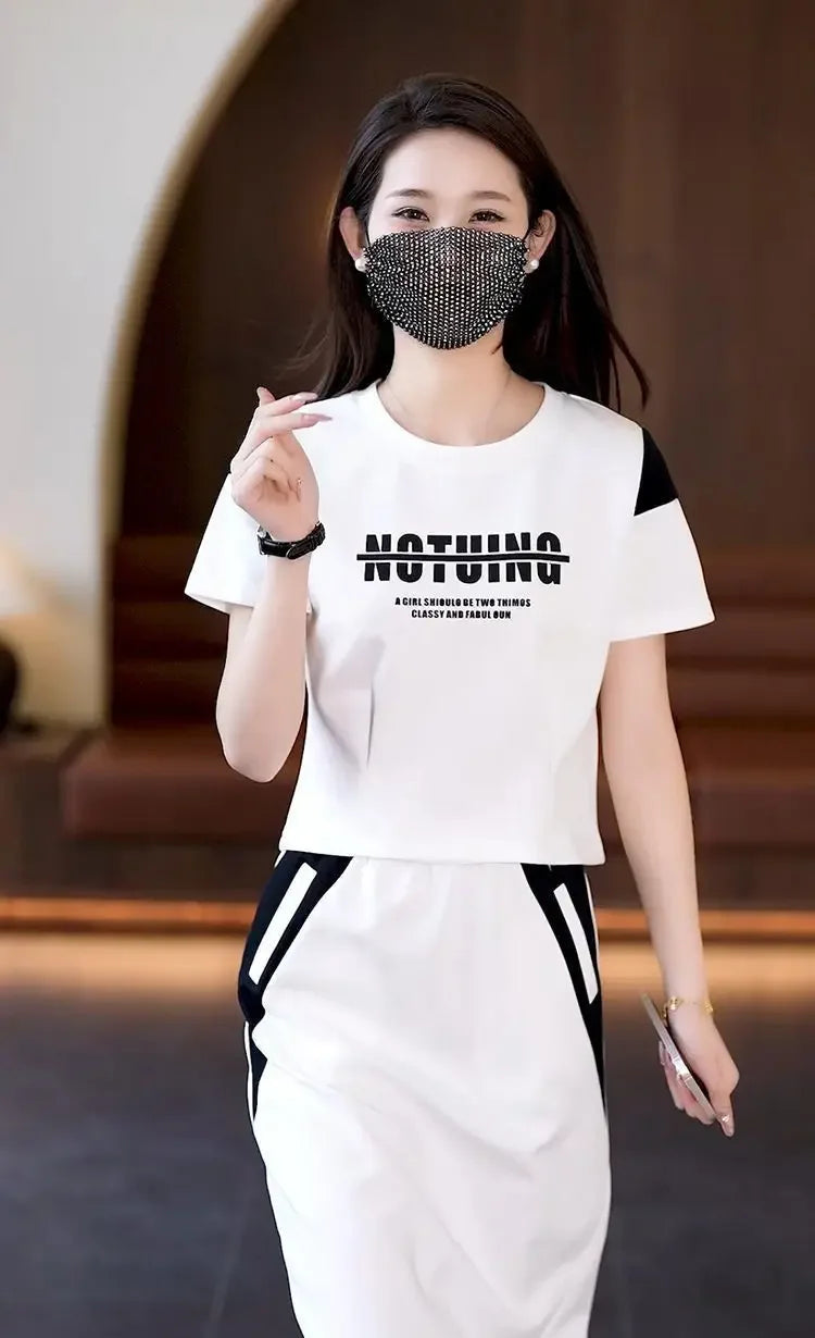 Women's Two Piece Set Short Sleeve Lightly Cooked Slit Skirt Luxury Designer Clothing Y2k Clothes Top and Bottom Female Outfits