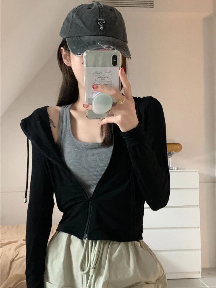 Hooded Jackets Women Thin Sunscreen Solid Fashion Summer Long Sleeve Cropped Coats All-match College Breathable Sporty Popular