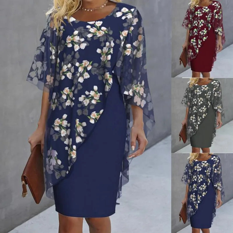 Elegant O-neck Half-sleeved 2-piece Dress For Women Autumn Fashion Irregular Suit Flower Printing Loose Dresses Female