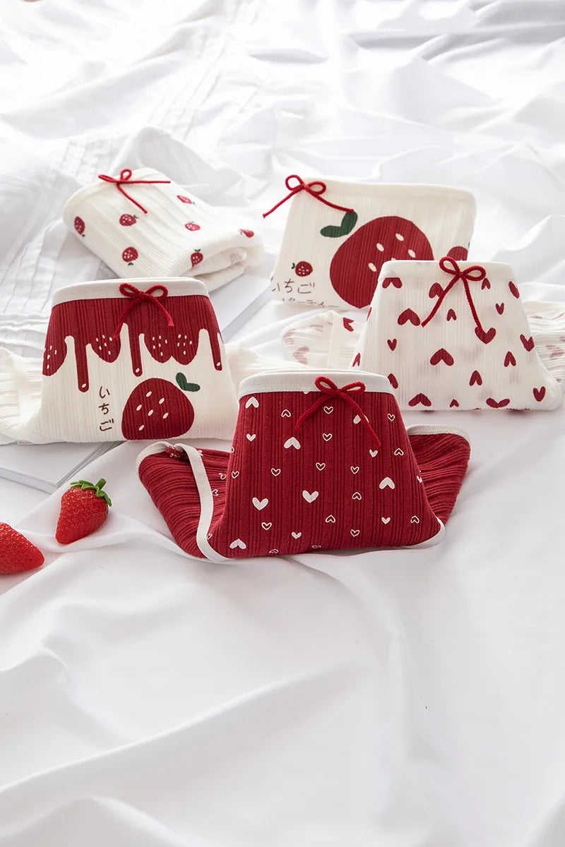 Cotton Panties Female Underpants Sexy Women Underwear Soft Lingerie Lace Up Briefs Strawberry Hearted Printed Pantys