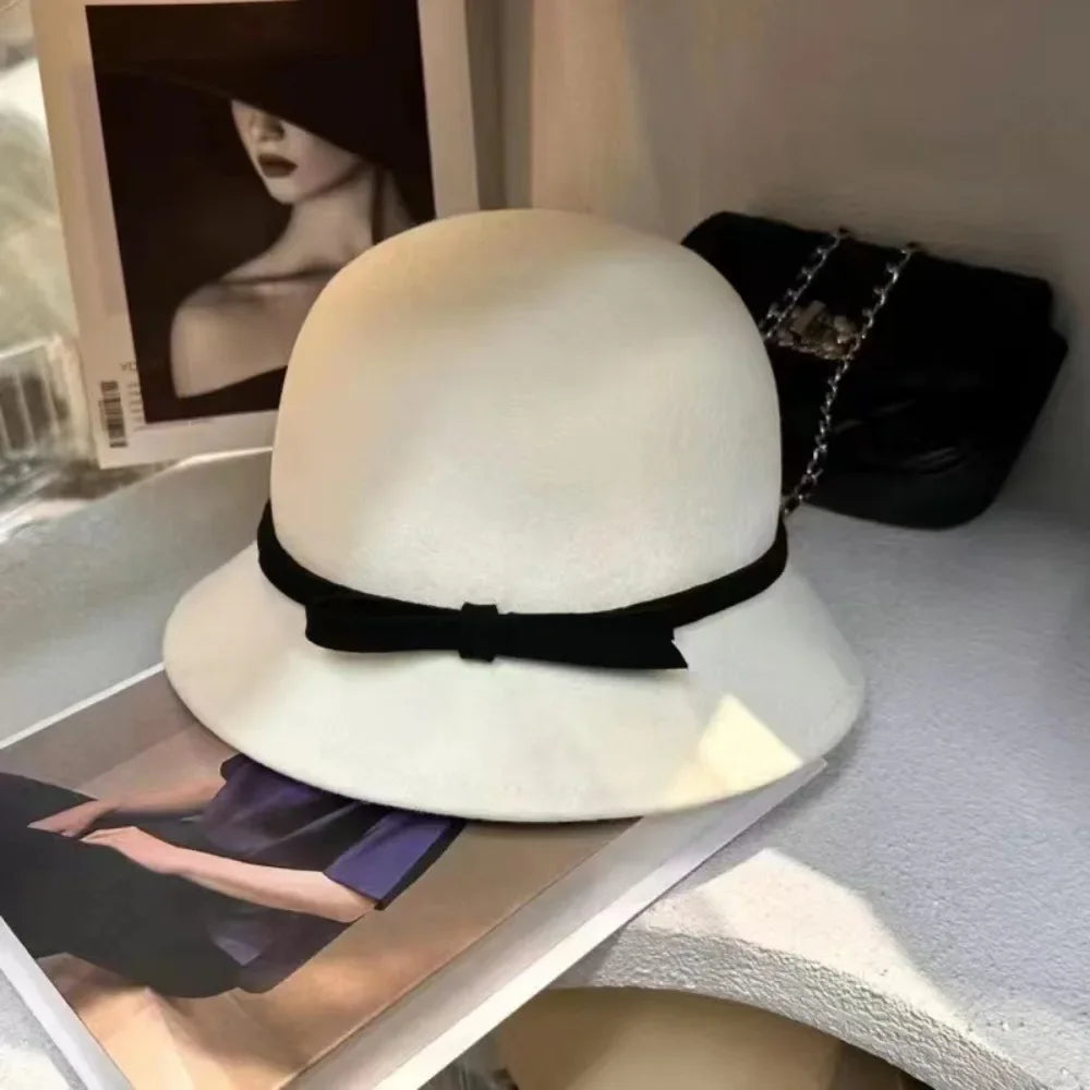 Women's Retro Hepburnesque Felt Hat - British Heiress Style with Bowknot, Formal Panama Cap for Autumn