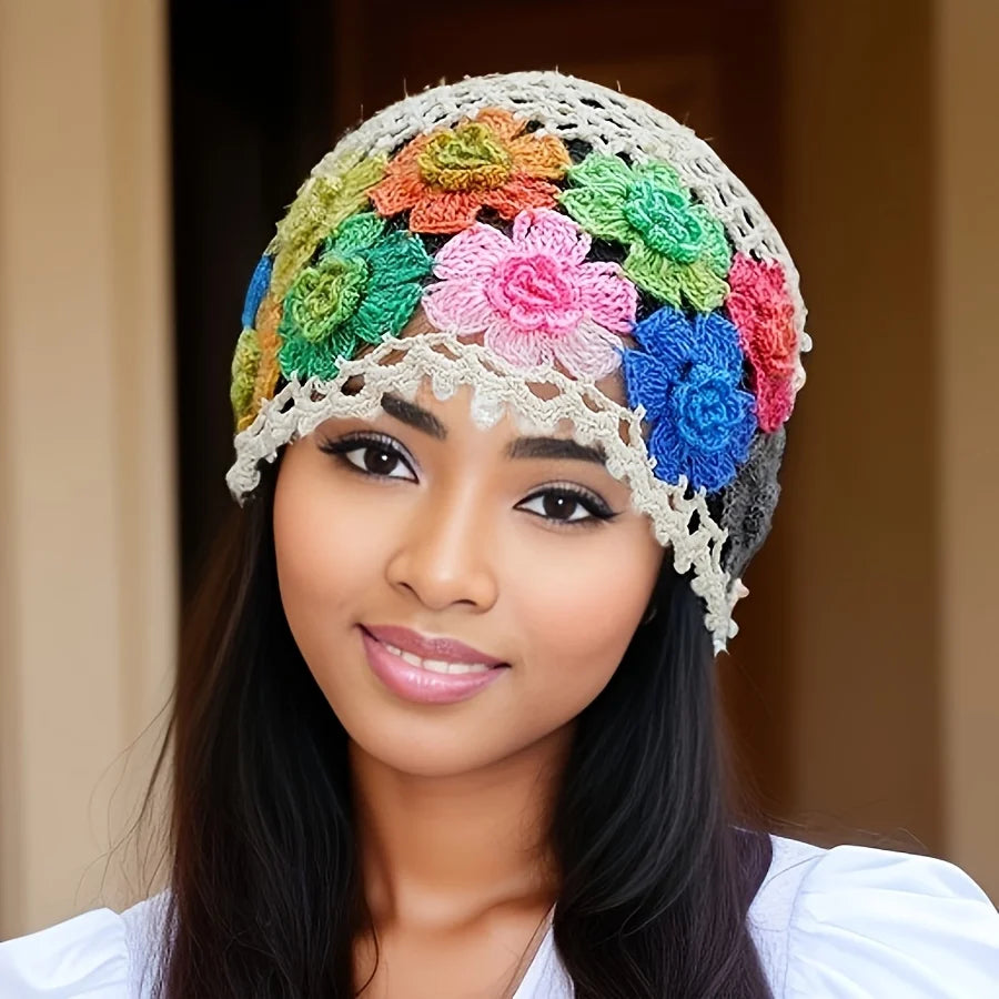 Women's Bohemian Floral Hat - Lightweight Elastic Stretch Fit, Handmade Crochet Design with Multicolor Flowers Breathable Summer
