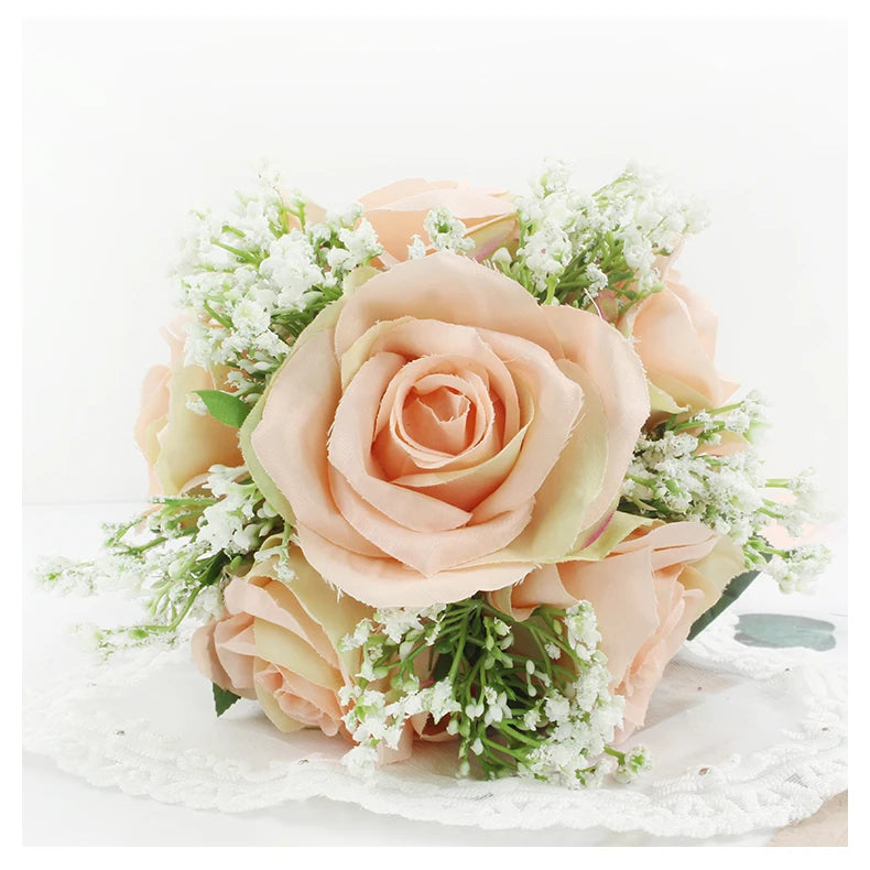 Bridal Bridesmaids Bouquets with Bowknot Ivory Roses Silk Flowers Bouquet for Valentine's Day Marriage Wedding Bride Photography