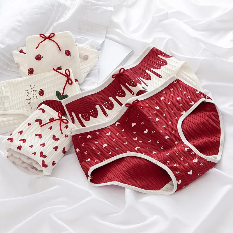 Cotton Panties Female Underpants Sexy Women Underwear Soft Lingerie Lace Up Briefs Strawberry Hearted Printed Pantys