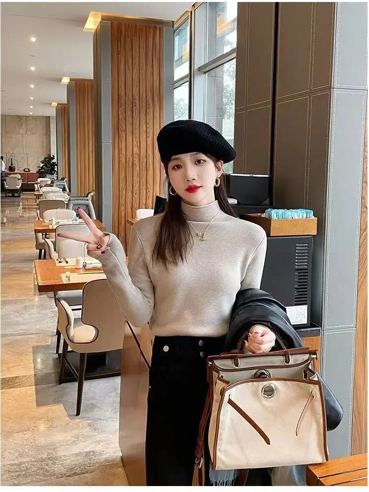 2025 Sweater For Women Casual Thick Warm Knit Plush Velvet Lined Pullover Tops Fall Winter Soft Knitwear Jumper New Slim Poleras