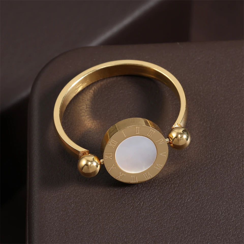 Classic Round Roman Numeral Reversible Rings For Women Men Black White Copper Metal Ring Party Daily Jewelry