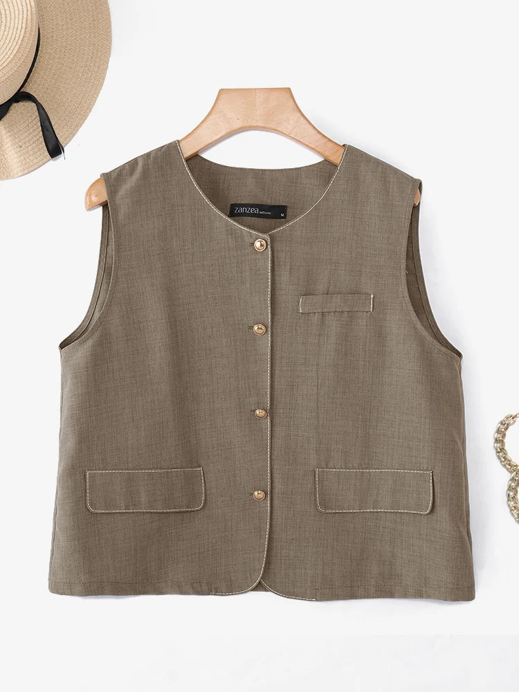 ZANZEA Outerwear 2025 Fashion Women Vests Thin Coats Sleeveless Casual Loose Solid Color Elegant Streetwear Summer Buttons Shirt