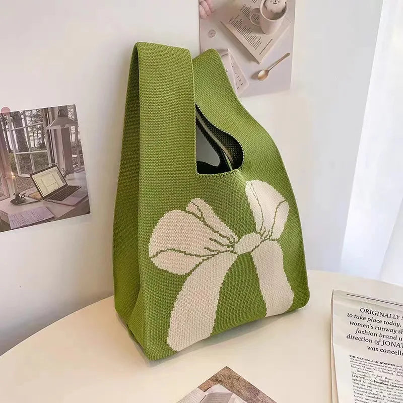 Women's Bow Handbags Women's Knitted Handbags Versatile Wrist Bags Tote Bags Top-Handle Bags Mini Striped Tote Bucket Phone Bag
