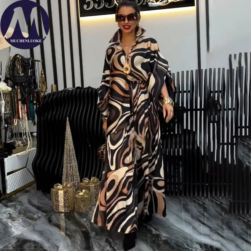 Women's Two Pieces Set Spring  Autumn New Elegant Printed Long Sleeves Tops Suits Fashionable Casual Loose Wide Leg Pants Sets