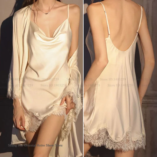 Sexy Women Nighty&Robe Set Intimate Lingerie Spring Summer New Sleepwear Home Dress Patchwork Lace Nightgown Ice Silk Night Wear