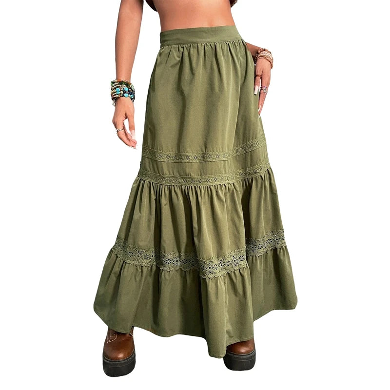 Skirts For Woman Green Pleated Skirts Korean Fashion Holiday Boho Waist Long Skirts Retro Y2K Fairycore Cute Lace Trim Clothes