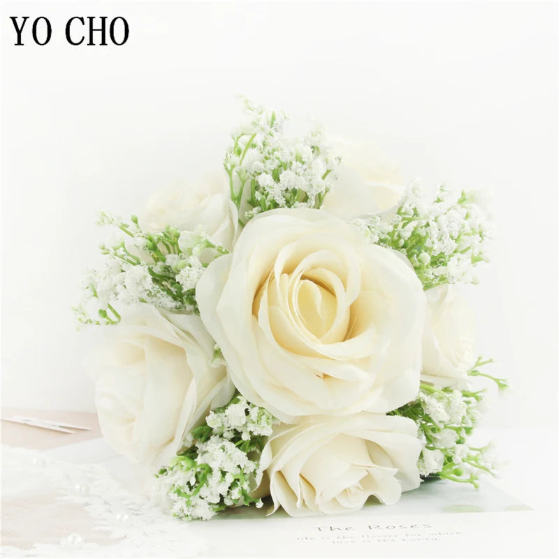 Bridal Bridesmaids Bouquets with Bowknot Ivory Roses Silk Flowers Bouquet for Valentine's Day Marriage Wedding Bride Photography