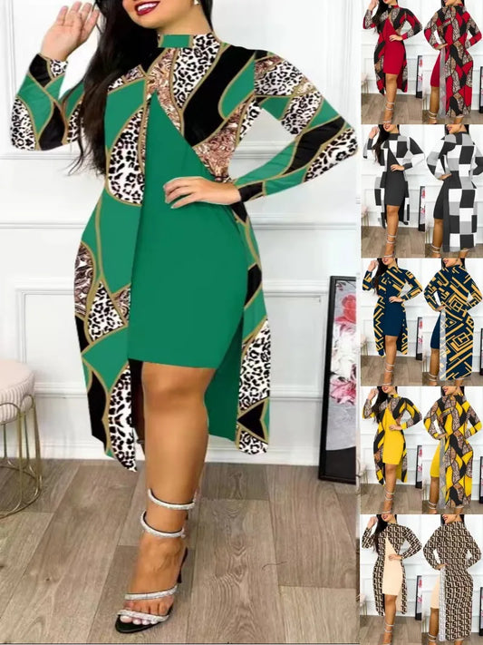 Two Piece Set Women Print Dresses Sets Full Sleeve Half High Collar Split Cardigan Dress Suits Elegant A Line Office Lady Y2k