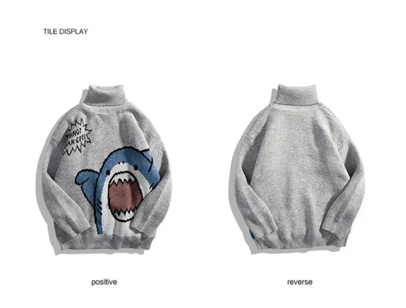 Shark Sweater Men Winter Cartoon Harajuku Korean Y2k Oversized Turtleneck Hip Hop Loose Knit Jumper Pullover High Collar Sweater