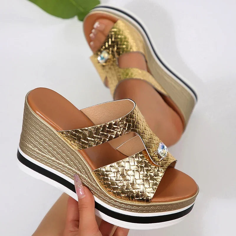 Women's Sandals Fashion Wedge Heeled Slippers New Women Rhinestone Decor Chunky Platform Sandals Woman Summer Thick Bottom Shoes