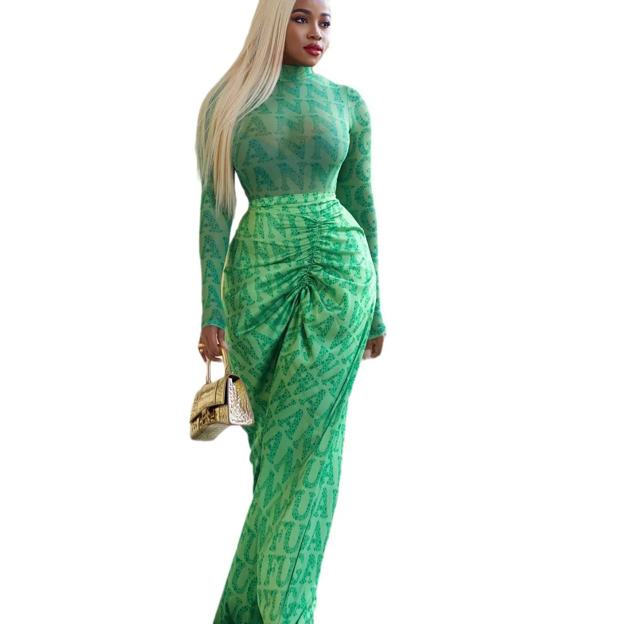 Two Piece Sets Women Skirt Set Print Matching Sets Slim Dress Sets Bodycon Top Floor Length Skirts Casual Pleated Elegant Spring