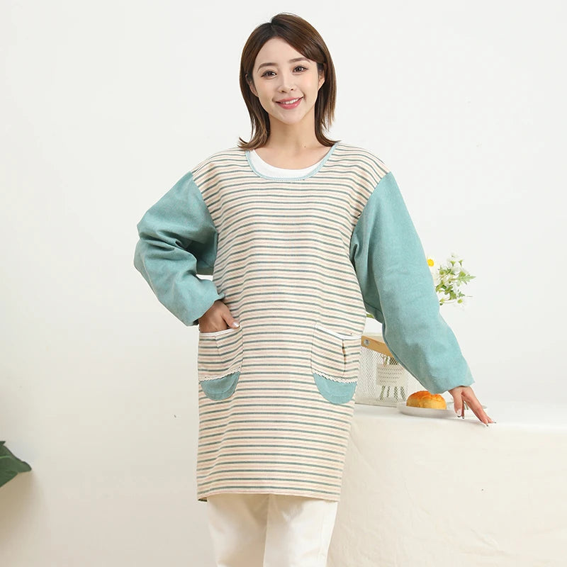 Fashionable Striped Apron For Home Kitchen Cooking Long Sleeved Women's Cute Anti Stain Work Dining Work Clothes Smock