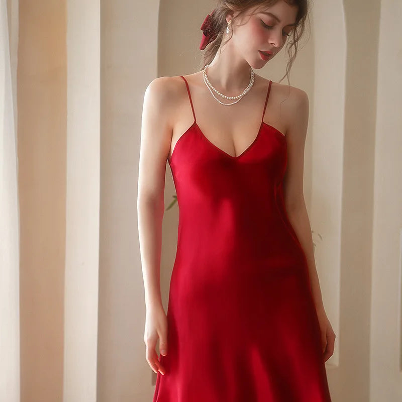 Fashion Sexy V-Neck Nightgown For Women Solid Silk Satin Lingerie Night Dress Sleeveless Sleepwear Female Nightwear Home Clothe