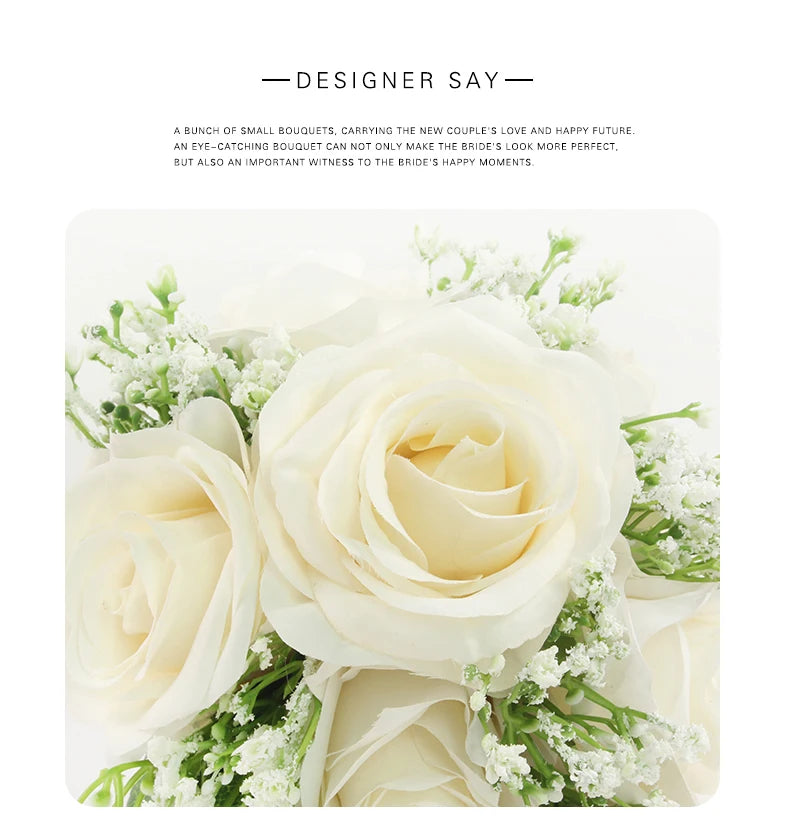 Bridal Bridesmaids Bouquets with Bowknot Ivory Roses Silk Flowers Bouquet for Valentine's Day Marriage Wedding Bride Photography