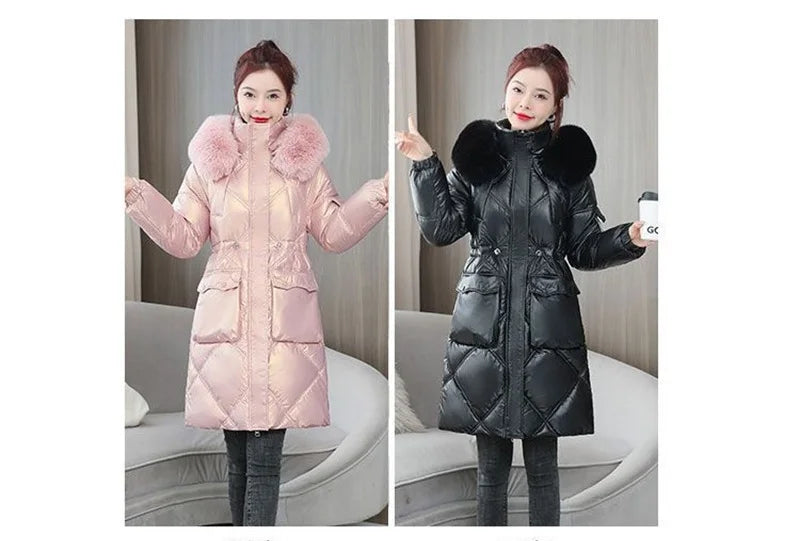 Champagne Winter Jacket Parkas Women Coat Fur Collar Hooded Overcoat Female Jacket Thick Warm Cotton Padded Puffer Parka Outwear