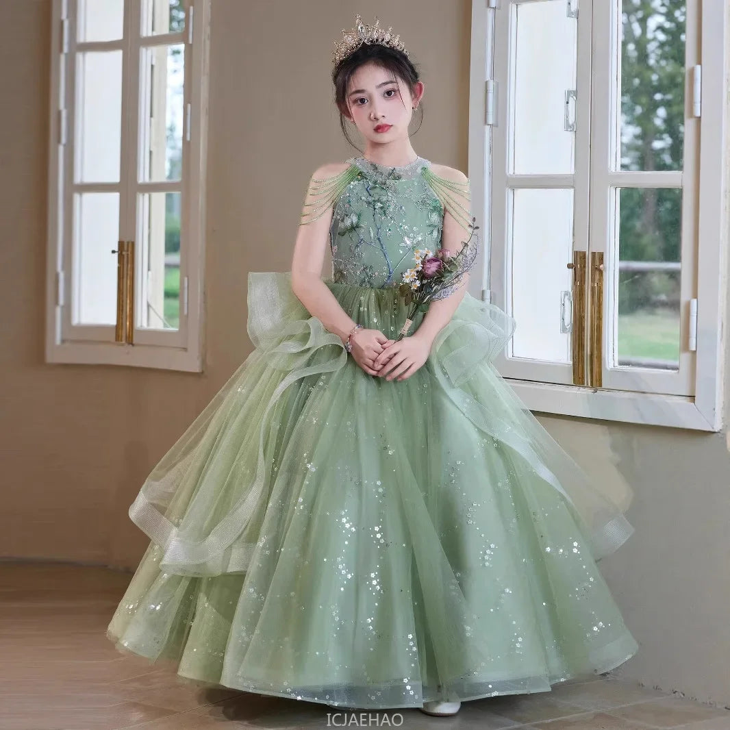 Teen Girl Clothes Green Girls Princess Dress Kids Pageant Host Gown Birthday Party Outfit PianoFormal Wear Recital Performance