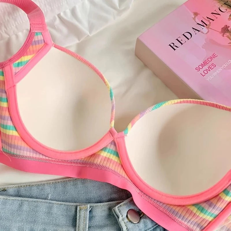 Sexy Bra for Women Tops Dopamine Rainbow Girl Seamless Bra Steel Ring Free Underwear Lingerie Bralette