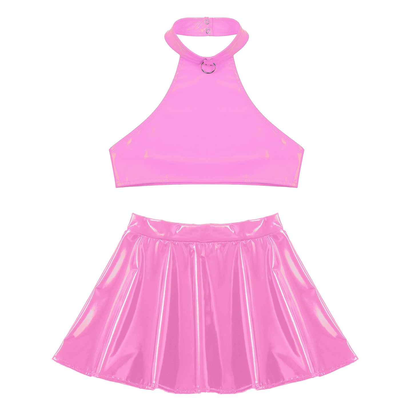 Womens Two Pieces Rave Party Outfits O Ring Halter Vest Tops Backless Patent Leather Crop Top with Invisible Zipper Flared Skirt