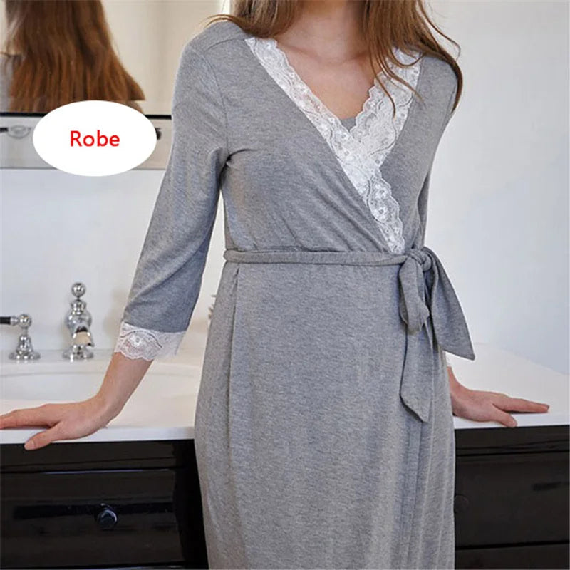 Maternity Robe Nightgown Pregnant Women Nursing Nightwear Lace Sleepwear With Adjustable Belt Pajama Dress Pregnancy Clothes