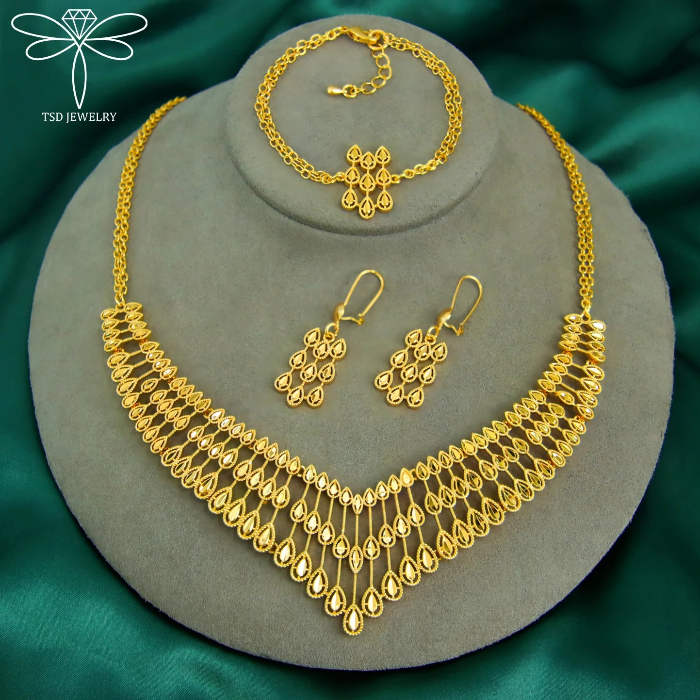 Gorgeous Dubai Wedding Jewelry Set 21k Gold Plated Turkish Vintage Bridal Necklace Bracelet Earrings Moroccan Marry Jewelrys