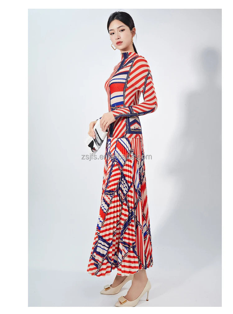 Elegant Women's Two-Piece Dress Set Pleated Striped Long-Sleeved Turtleneck Skirt Ankle Length Woven Fabric Anti-Static