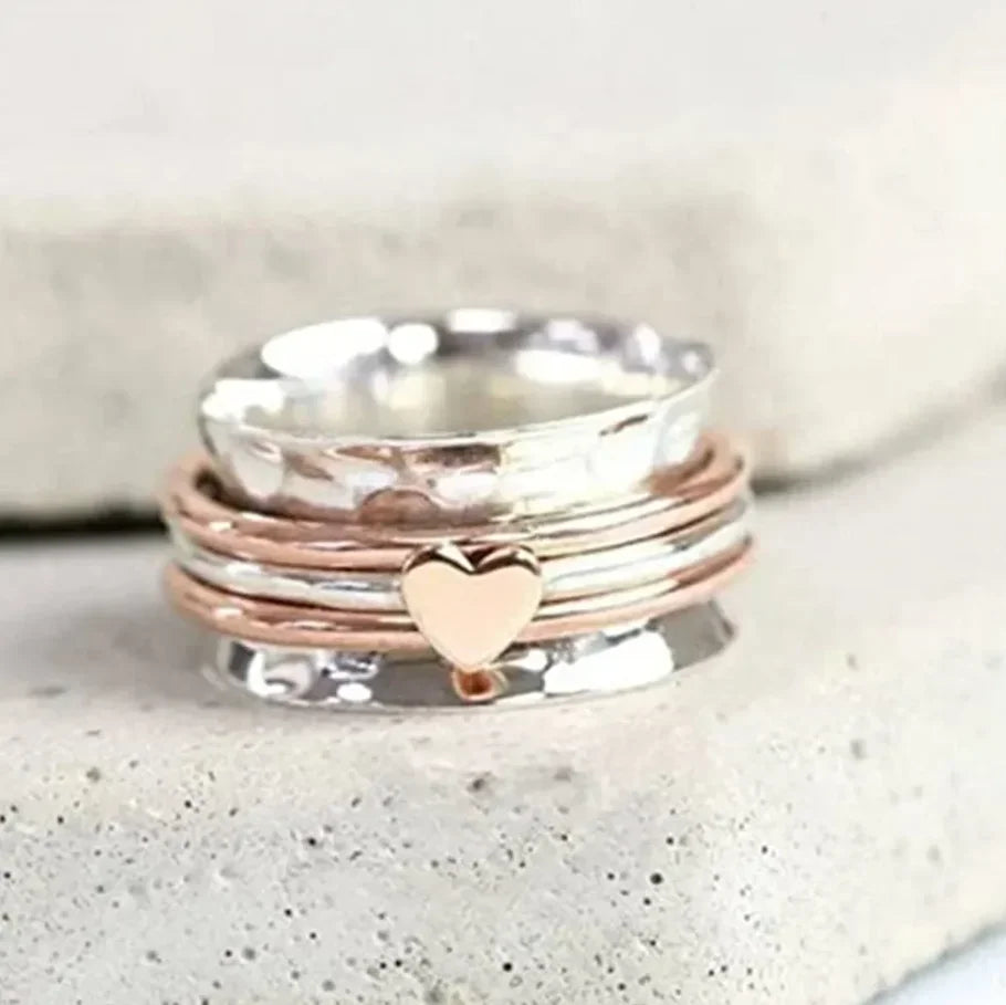 КольцаженскиеRomantic Heart Rotating Relief Ring Vintage Plain Hammered Design Spinners Rings Love Ring Birthday Gifts for Women