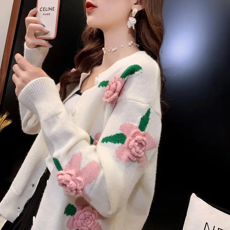 Sweater Female 2023 Spring and Autumn Knitwear Women Heavy Industry Rose Blossom Embroidery Contrast Sweater Coat Cardigan