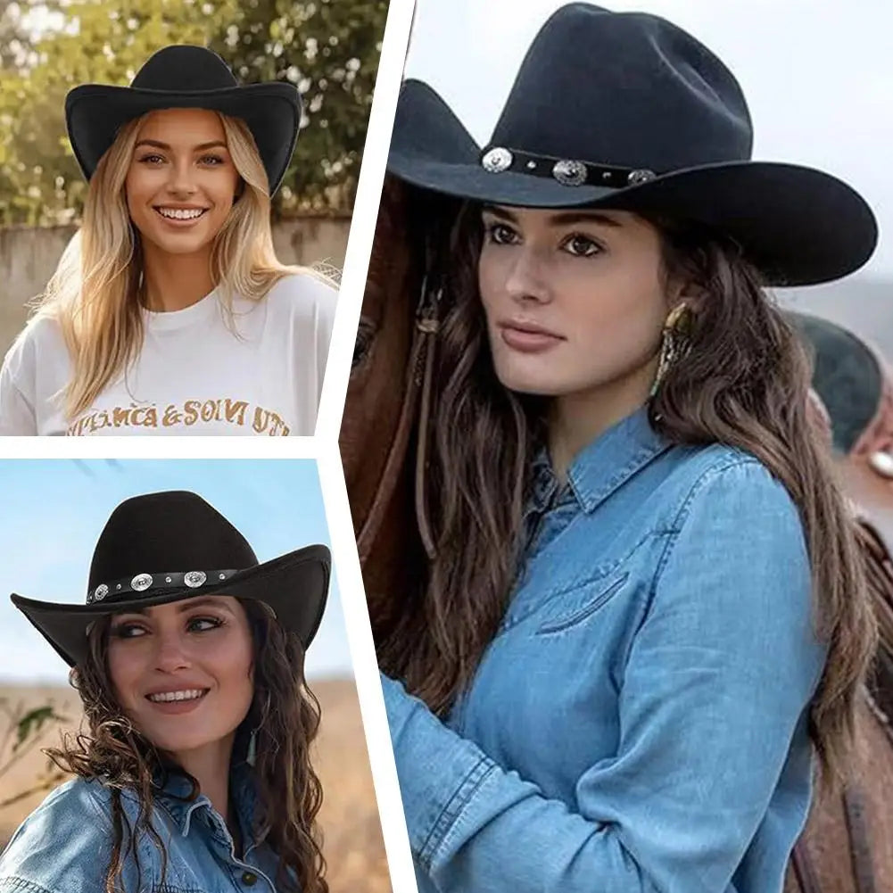 Felt Cowboy Hat for Women Men Rolled Wide Brim Cowboy Hats Western Hat with Buckle Belt Cowboy Cowgirl Hat