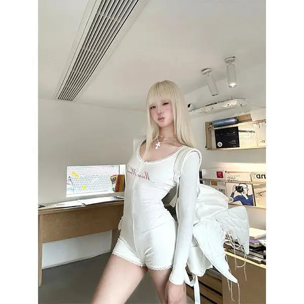 Bodysuit Sexy Women Clothes 90s Vintage Korea Letter Slim Hight waist Shorts Jumpsuits Long sleeves Femme Aesthetic Punk Bodys