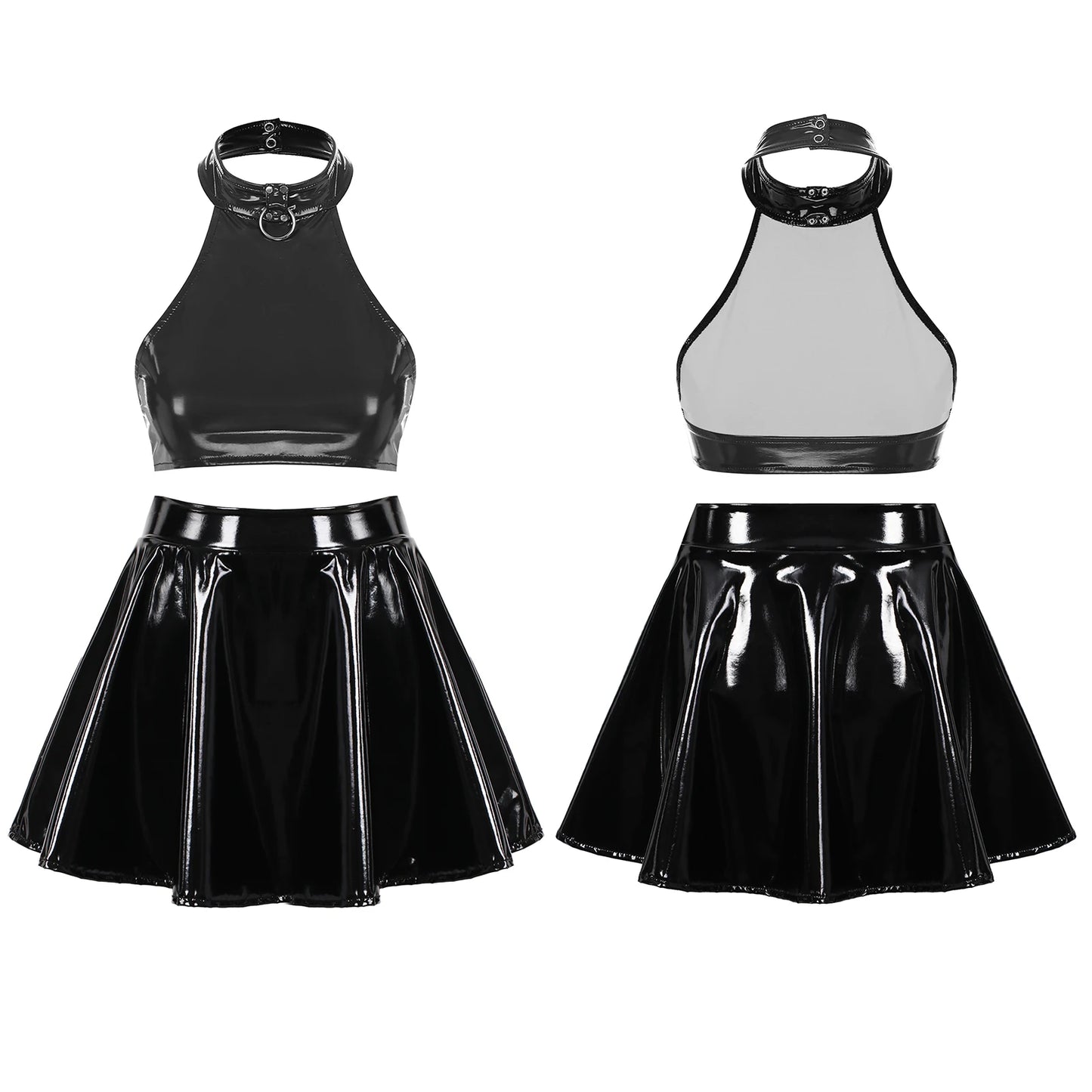 Womens Two Pieces Rave Party Outfits O Ring Halter Vest Tops Backless Patent Leather Crop Top with Invisible Zipper Flared Skirt