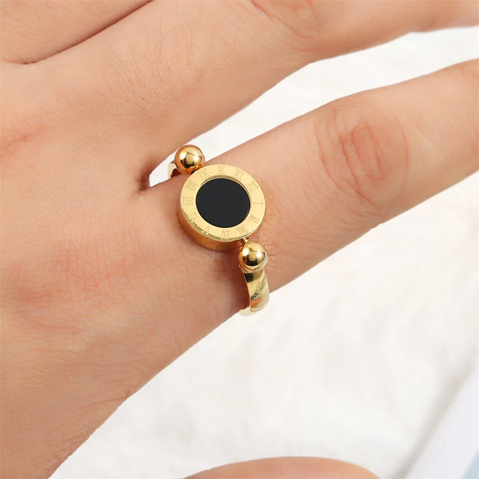 Classic Round Roman Numeral Reversible Rings For Women Men Black White Copper Metal Ring Party Daily Jewelry