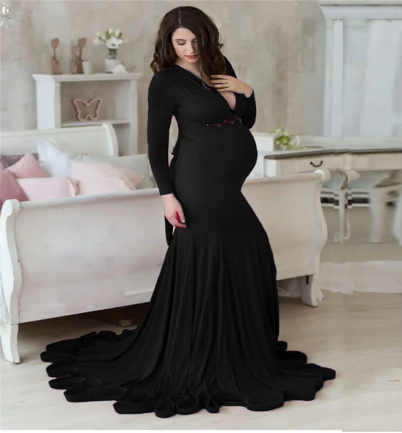 2024 Elegant Maternity Dresses For Photo Shoot Pregnant Women Dress Long Sleeve V-Neck Pregnancy Photography Shower Dress