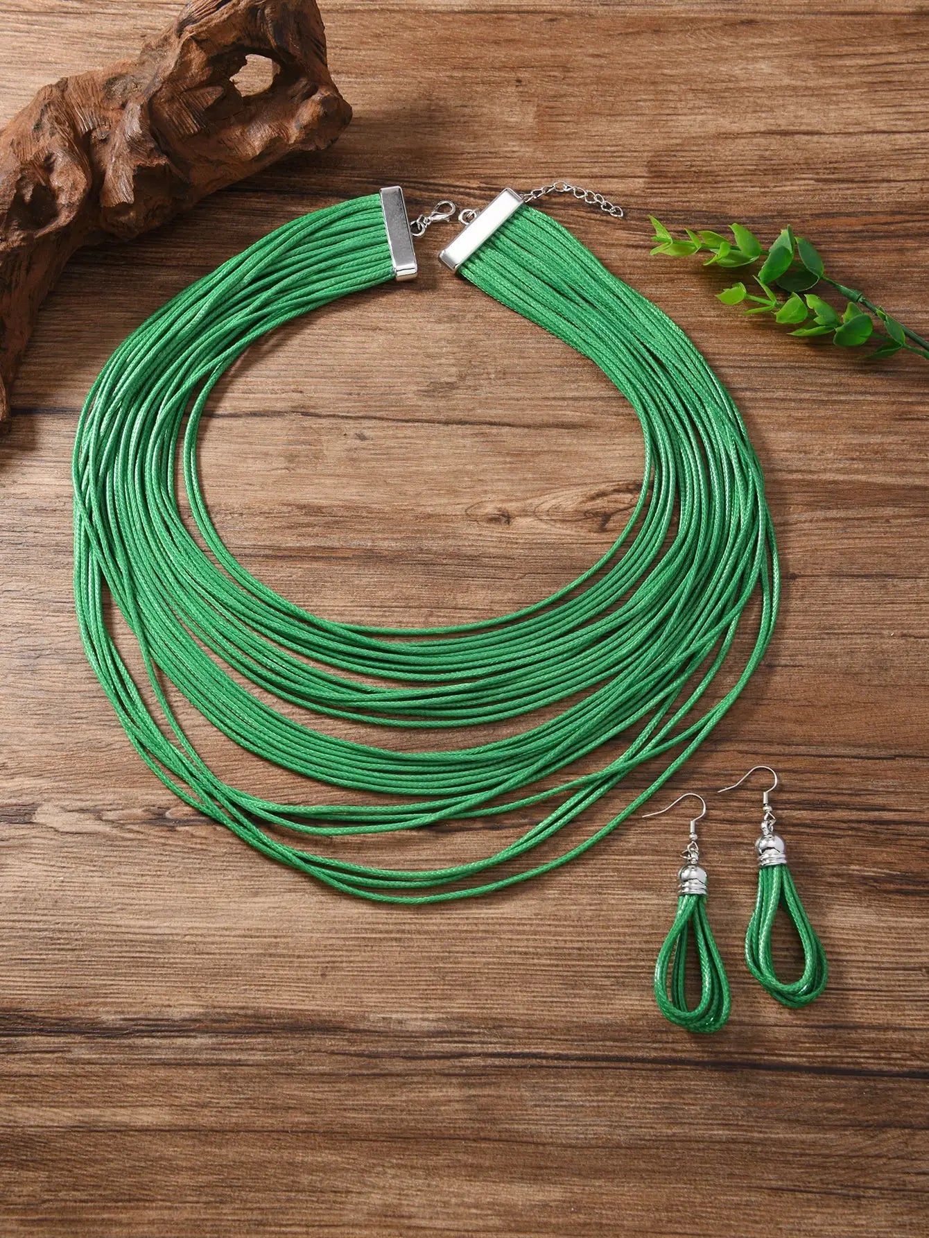 Jewelry Sets for Women, Multi-layer Wax Thread Hand-woven Necklace, Fashion and Personality Choker + Dangle Earrings