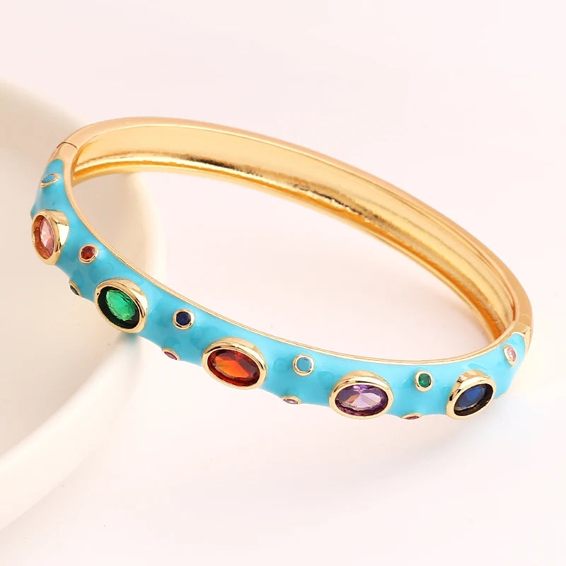 Luxury Colorful Enamel Bangles Bracelets for Women Party Gift Fashion Rainbow Zircon CZ Bangles Original 18K Gold Plated Jewelry