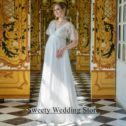 Pregnant Bride Wedding Dress Customized V Neck Flare Sleeves Beading Applique Tulle A Line Sweep Train Corset Bridal Gown