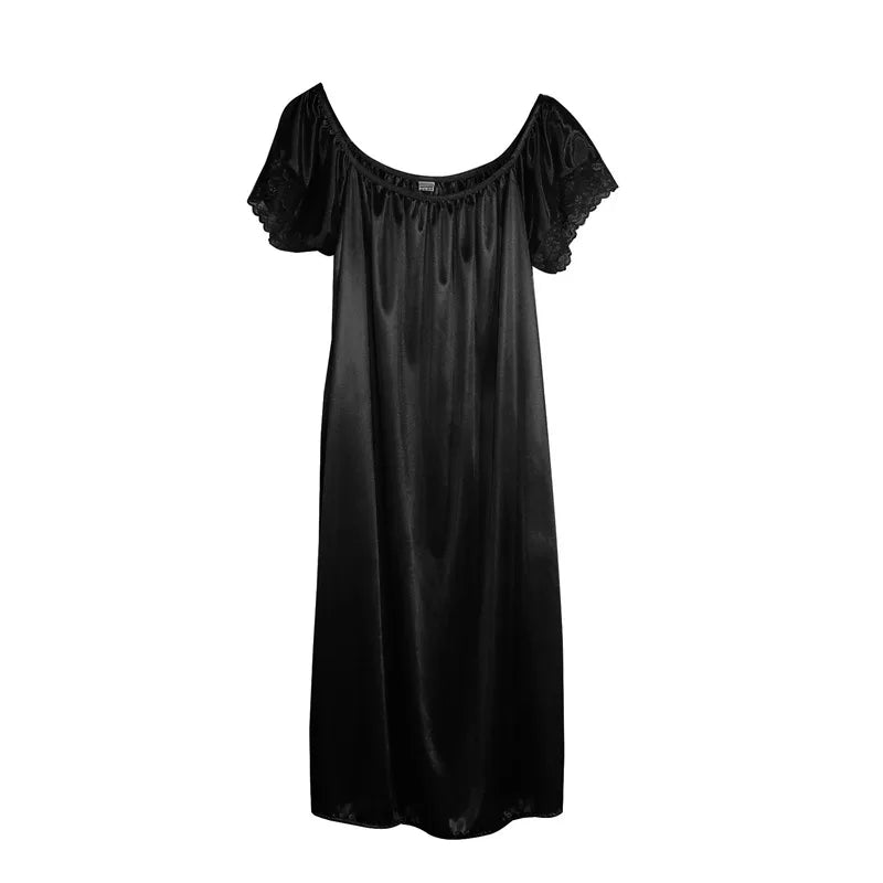 Women Night Gowns Sleepwear Lace Patchwork Nightwear Long Sleeping Dress Casual Ladies Home Dressing