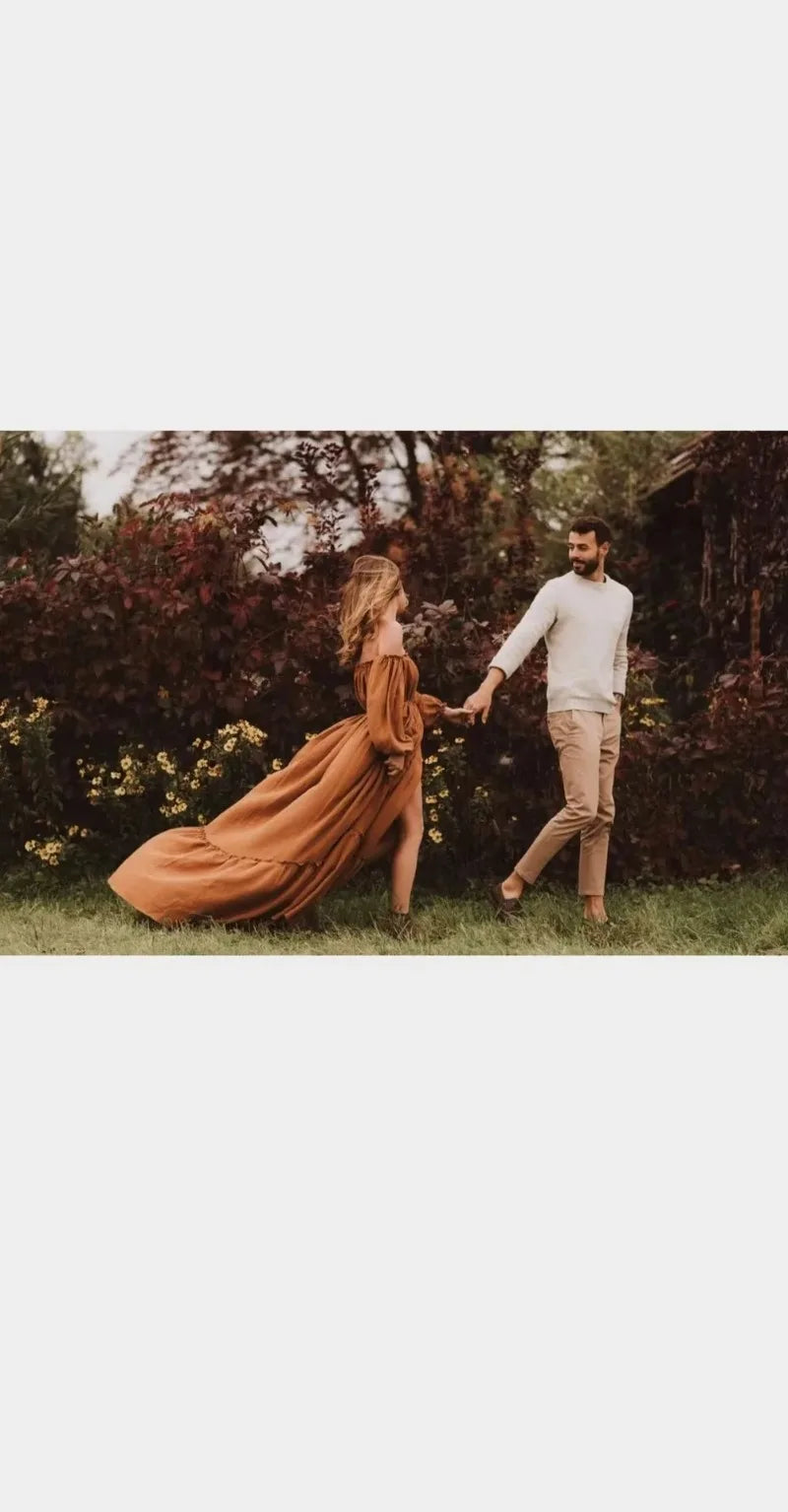 Maternity Photoshoot Dress - Sexy Off-Shoulder Gown Playful Puff Sleeves & Leg-Baring Slit Clothes for Pregnant Women Photograph