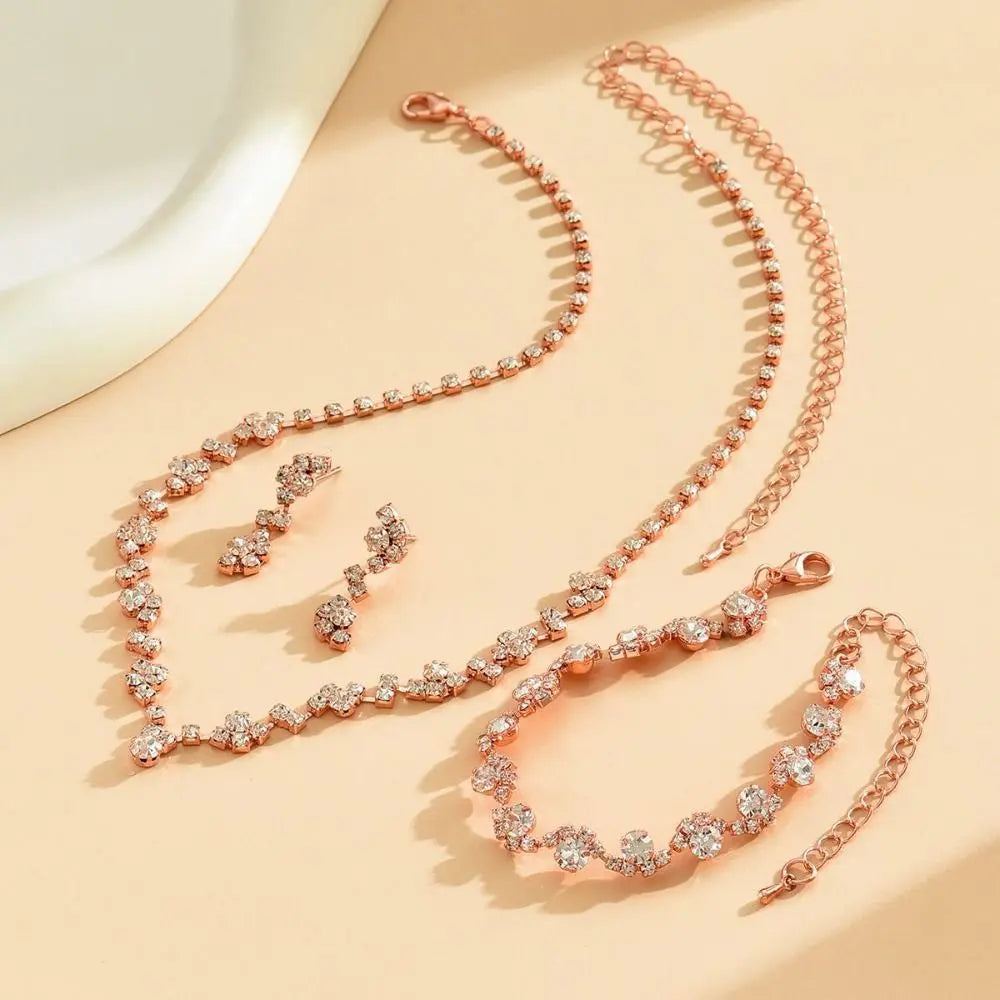 Bridal Shining Crystal Jewelry Set Diamond Exquisite Earrings Bracelet Luxury Necklace Banquet