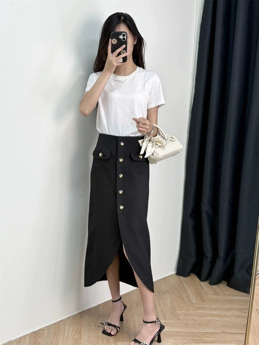 Skirts for Women Luxury Suit Round Neck Single-breasted Retro Temperament Vest Slit Long Skirt 2025 Early Autumn New Style