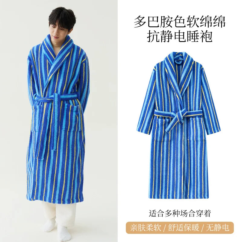2025 New Autumn/Winter Women's Sleepwear Thick Velvet Warm Robe Couple Coral Velvet Striped Lengthed Home Clothes Bathrobe