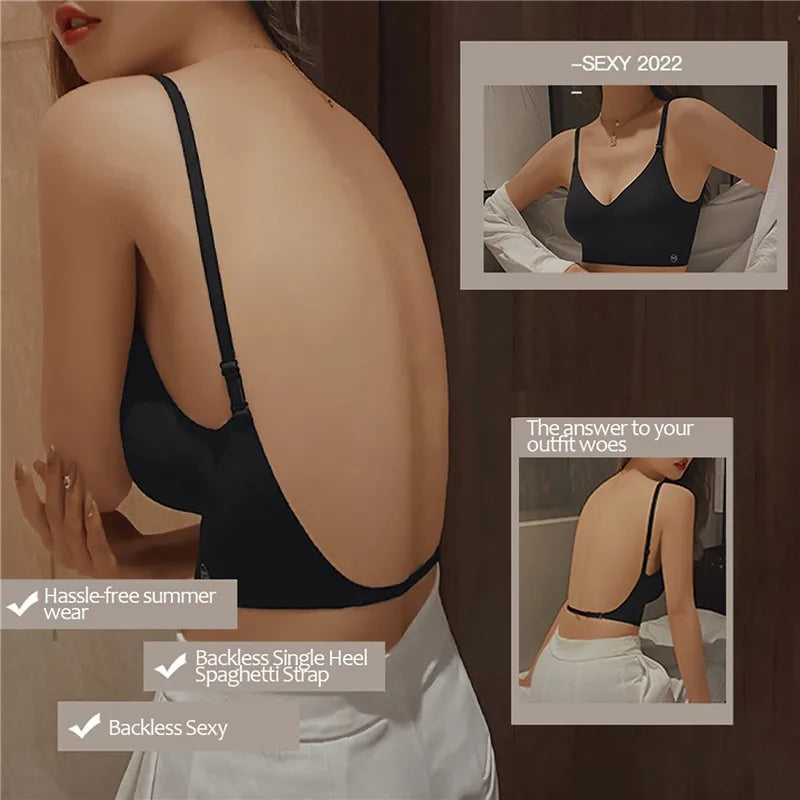 Women Invisible Bra Deep U Plunge Bras Backless Top for Dresses Sexy Lingerie with Transparent Strap Push Up Strapless Underwear
