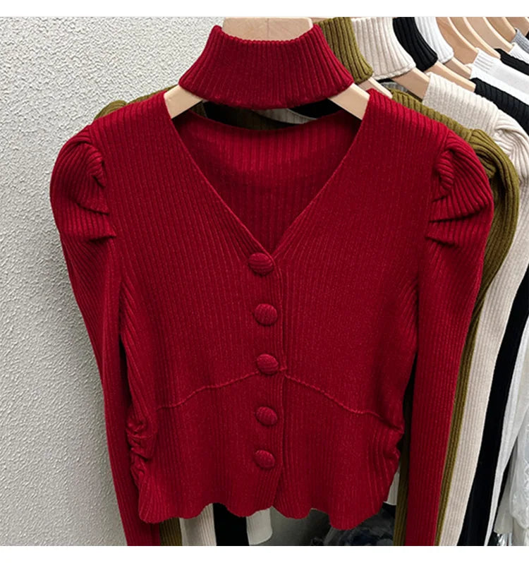 Red Sweater Knitted Sweater Women's Inner Layering Shirt with Unique Unique V-neck Halter Top Design for Autumn and Winter
